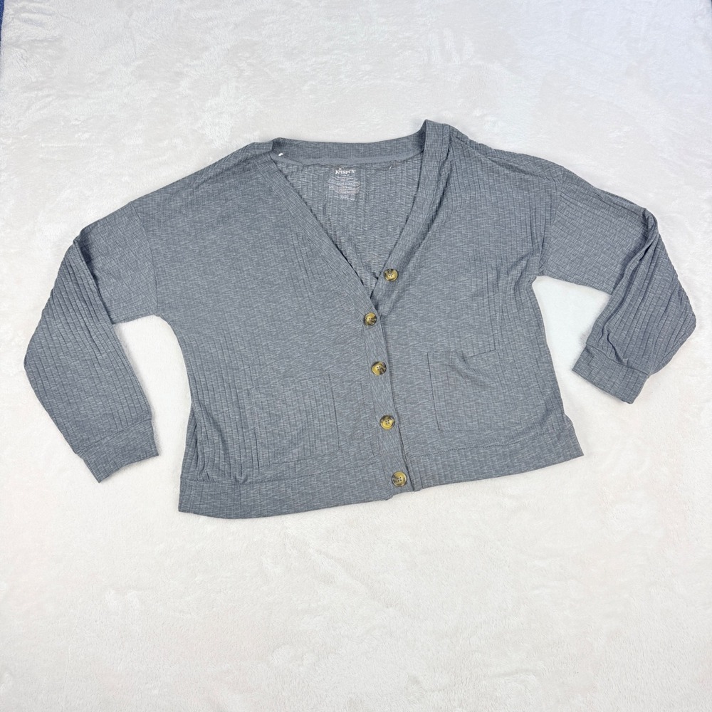 Joyspun Ribbed Cardigan Womens L 12-14 Heather Gray Button Front Cropped Lounge
